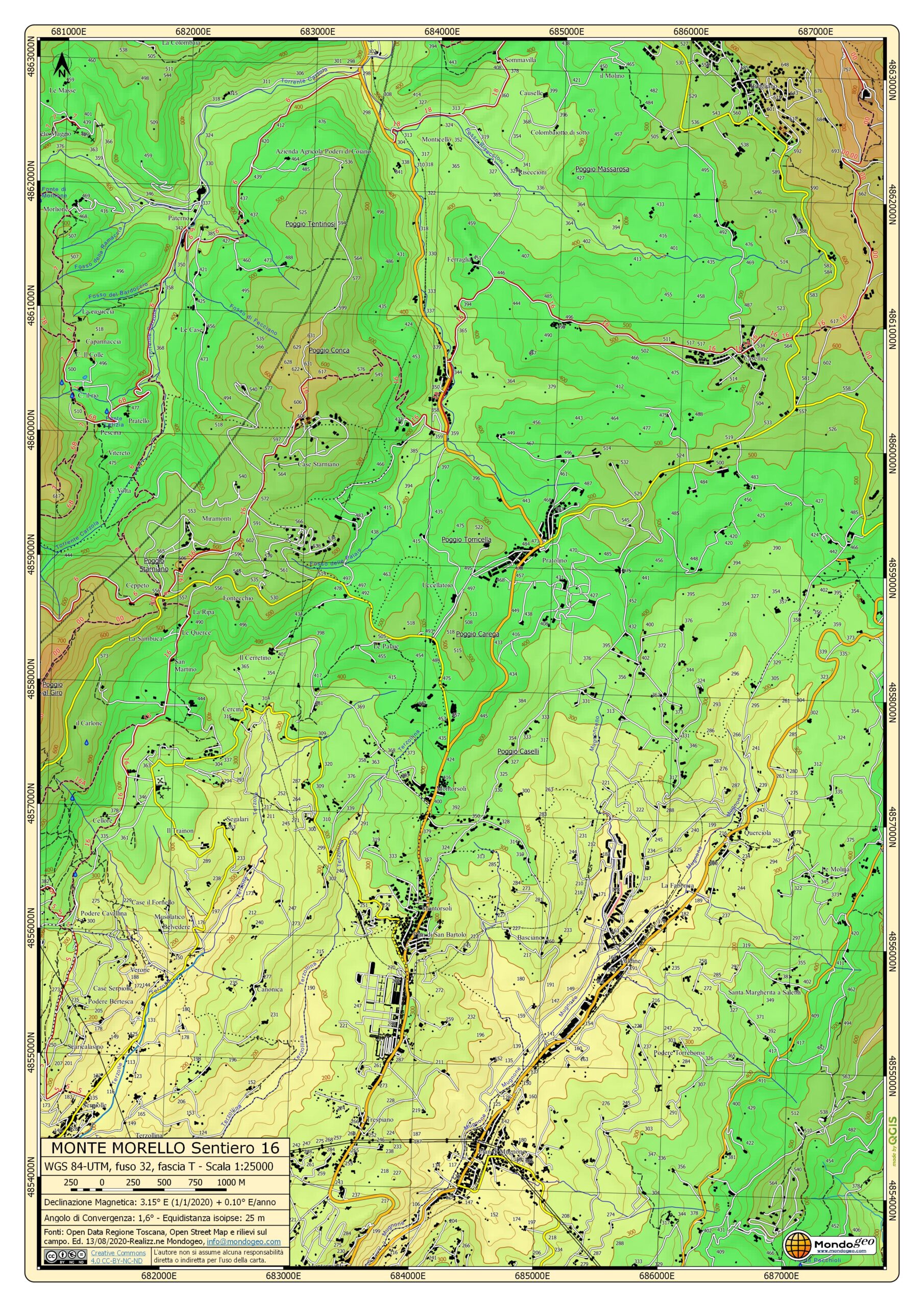 Mappa di Monte Morello con fasce altimentriche